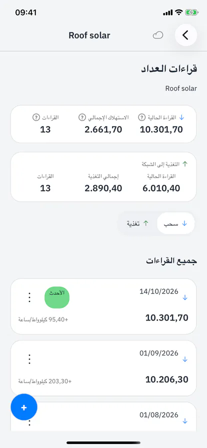 قراءات عداد الطاقة الشمسية مع مجموع السحب والتغذية