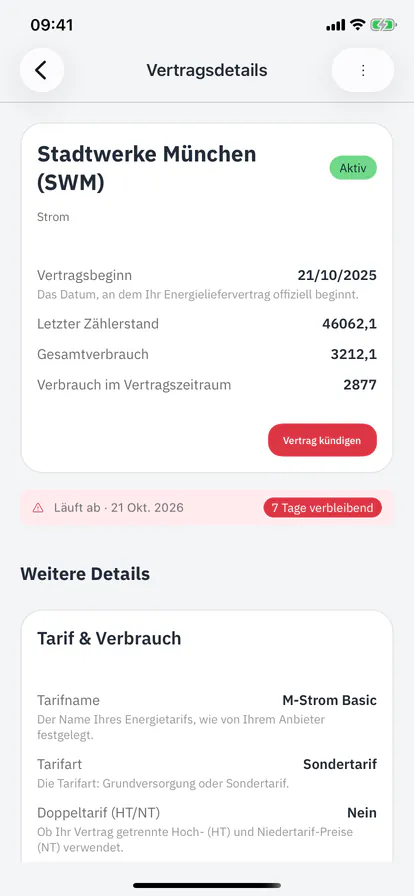 Vertragsdetails mit dem Hinweis „endet in 7 Tagen“