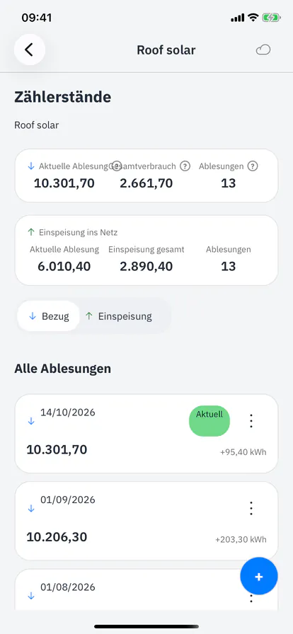 Zählerstände eines Solarzählers mit Summen für Bezug und Einspeisung