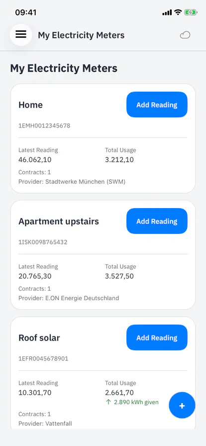List of electricity meters, one card each