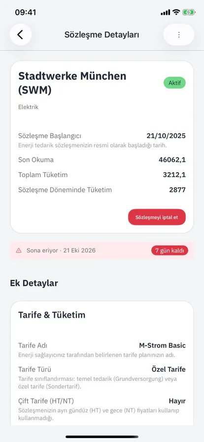 "7 gün içinde bitiyor" uyarısını gösteren sözleşme ayrıntıları