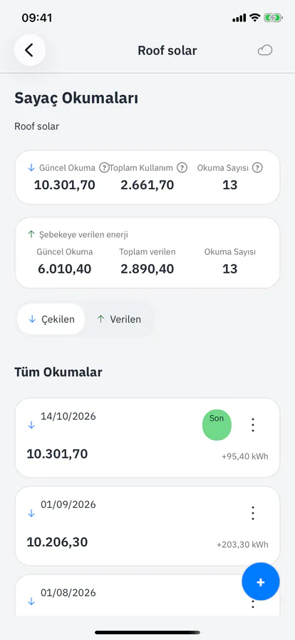 Çekilen ve verilen toplamlarıyla güneş enerjisi sayacı okumaları